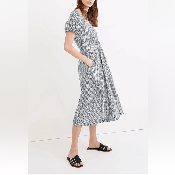SOLD MADEWELL Embroidered Gingham Faux Wrap Tie Waist Midi Dress - Small - Picture 8 of 16